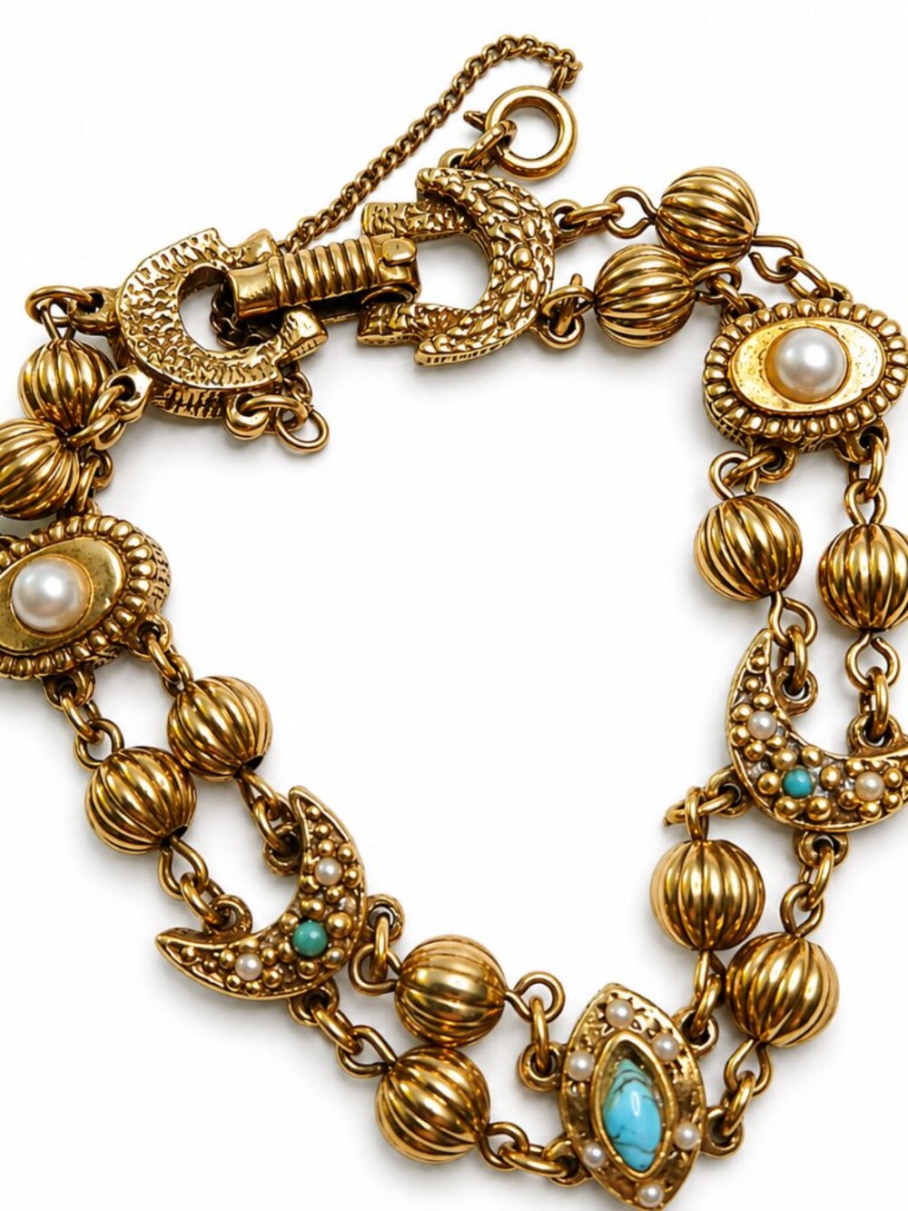 Victorian Revival Goldette Crescent & Bead Bracelet with Blue and Pearl Accents